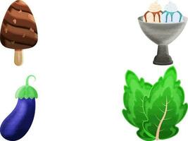 Vegetable And Dessert Crafting Food Element Set With Eggplant And Ice Cream. vector