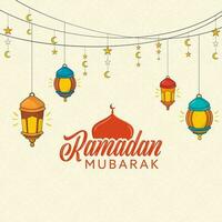 Ramadán Mubarak fuente con mezquita cúpula, Arábica linternas, creciente luna, estrellas cuerda decorado beige mandala modelo antecedentes. vector