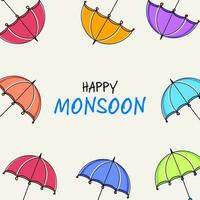 Happy Monsoon Font With Colorful Umbrella Decorated On Gray Background. vector