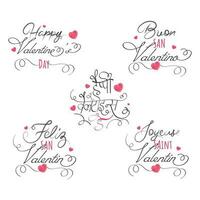 Happy Valentine's Day Font In Various Language With Pink Hearts On White Background. vector