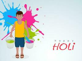 Happy Holi Celebration Concept With Boy Holding Bucket Full Of Color And Water Gun On Paint Splash Effect Pastel Blue Background. vector