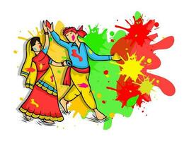 Young Indian Couple Playing Holi In Traditional Attire And Color Splatter Effect On White Background. vector