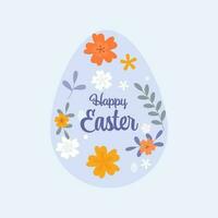 Happy Easter Font Over Floral Decorated Egg Shape On Blue Background. vector