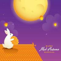 Happy Mid Autumn Festival Celebration Concept With Cartoon Bunny Holding Mooncake, Lit Lanterns And Full Moon On Purple Clouds Background. vector