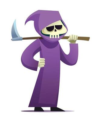 Grim reaper character holding scythe cartoon illustration isolated on white background