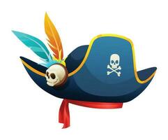 Pirate hat with skull, crossbones and feathers vector illustration isolated on white background