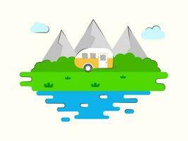 Vector Illustration Of Natural View With Mountain, Vehicle Against Abstract Background.