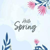 Hello Spring Font With Flowers, Leaves Decorated On Blue Grunge Background. vector