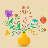 Hello Spring Concept With Beautiful Flower Vase Or Pot On Brown Background. vector