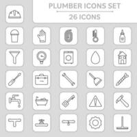 Black Linear Style Plumber Icons On White And Grey Square Background. vector