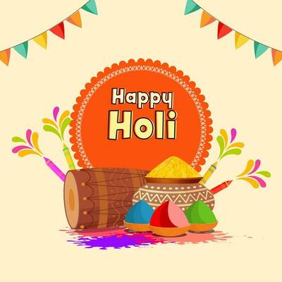Happy Holi Celebration Concept With Earthen Pots Full Of Dry Color, Dhol Instrument And Water Gun And Bunting Flags Decorated Background.