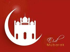 Eid Mubarak Greeting Card With Paper Cut Crescent Moon And Mosque On Red Background. vector