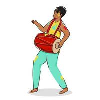 joven hombre jugando dhol instrumento con color manchar en blanco antecedentes. vector