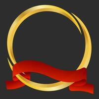 Golden Empty Round Frame With Red Ribbon On Black Background. vector