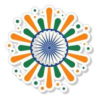 Tricolor Emerging Rays With Asoka Wheel In Sticker Style. vector