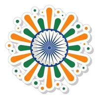 Tricolor Emerging Rays With Asoka Wheel In Sticker Style. vector