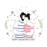 Happy Valentine's Day Concept With Doodle Style Embracing Couple And Floral Decorated On White Background. vector