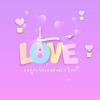 Paper Cut Style Love Font With Eiffel Tower, Plane Ribbon, Hot Air Heat Balloons On Gradient Purple Background. vector