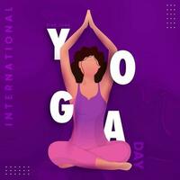 internacional yoga día fuente con sin rostro joven dama meditando en loto actitud en púrpura jaspeado antecedentes. vector