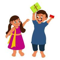 Cheerful Girl Trying To Snatch Gift Box With Envelope From Boy On White Background. vector