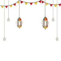 Islamic Festival Greeting Card With Doodle Style Arabic Lanterns, Stars Hang, Bunting Flags Decorated On White Background And Copy Space. vector