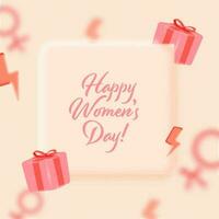 Pink Happy Women's Day Font With Realistic Gift Boxes, Lighting Bolts And Blurred Female Gender Sign On Peach Background. vector