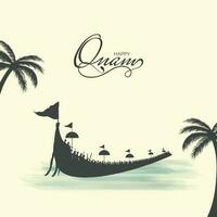 Happy Onam Greeting Card With Aranmula Boat Race And Coconut Trees On Beige Background. vector