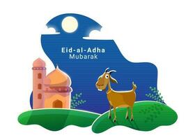 Eid al-Adha Mubarak póster diseño con mezquita, cabra animal, lleno Luna en azul y blanco antecedentes. vector