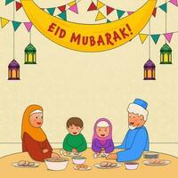 islámico familia disfrutando con delicioso comidas a comedor mesa, colgando linternas y verderón banderas en pastel marrón floral modelo antecedentes para eid mubarak. vector