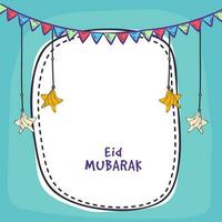 Eid Mubarak Greeting Card With Hanging Stars, Bunting Flags On White And Blue Background. vector