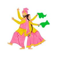 Young Punjabi Couple Doing Bhangra Dance On White Background. vector