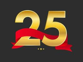 Golden 25 Number With Red Ribbon On Black Background. vector