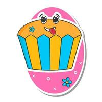 Sticker Style Funny Cupcake With Flowers On Pink And White Background. vector