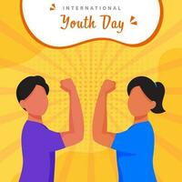 International Youth Day Concept With Faceless Young Boy And Girl Showing Strong Arms On Yellow Rays Halftone Backgound. vector