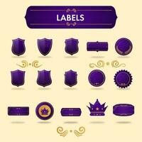 púrpura blanco etiqueta o insignia, marco conjunto en amarillo antecedentes. vector