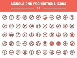 55 Signals And Prohibitions Circle Icon Set In Red Color. vector