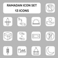 13 Ramadan Line Art Icon Set On Grey And White Square Background. vector