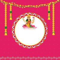 Wealth Goddess Lakshmi With Empty Circular Frame, Lighting And Floral Garland On Pink Background. vector