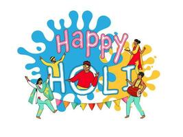 Stylish Happy Holi Font With Indian People Playing Colours, Dhol Instrument And Paint Splash Effect On White Background. vector