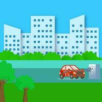 Paper Cut Residential Buildings With Electric Car Charging Station And Nature View On Blue Background. vector