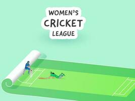 Sticker Style Women's Cricket League Text With Run Out Female Batter Player And Wicket Keeper Hit Ball To Stumps On Scroll Paper Playground. vector