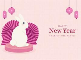 Happy New Year Of The Rabbit Concept With Cute Bunny Sitting Over Podium, Folded Paper Flowers And Traditional Lanterns Hang On Pink Chinese Pattern Background. vector