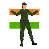 Faceless Army Woman Holding Indian Tricolor Flag Against White Background. vector