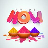 Happy Holi Celebration Concept With 3D Gradient Text And Bowls Full Of Color Powder At Rangoli On Glossy Gray Background. vector