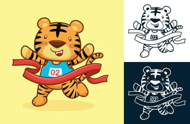 Cute tiger wins run racing by crossing the finish line. Vector cartoon illustration in flat icon style
