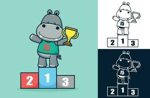 Funny hippo on podium holding trophy. Vector cartoon illustration in flat icon style