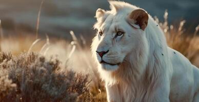 Close up of a white lion in its natural habitat background. Animal kingdom concept photo