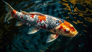 Top view and close up of colorful koi fish in clear water photo