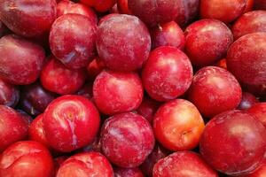 Stack of red plums on a market stall photo