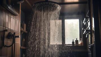 cerca arriba de agua fluido desde ducha en el baño interior, generativo ai foto